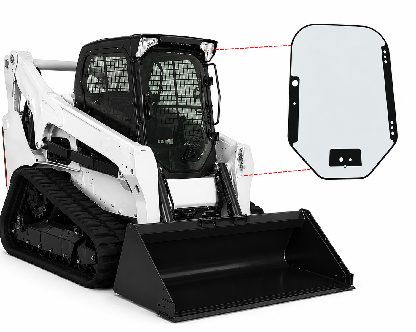 Bobcat compact track loader with replacement front door glass 7120401, fits S510-S850 skid steers and T550-T870 track loaders