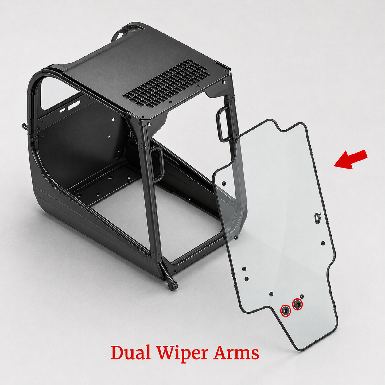 Case SR, SV, TR and TV front door glass OEM 47405930 shown with dual wiper arms installed