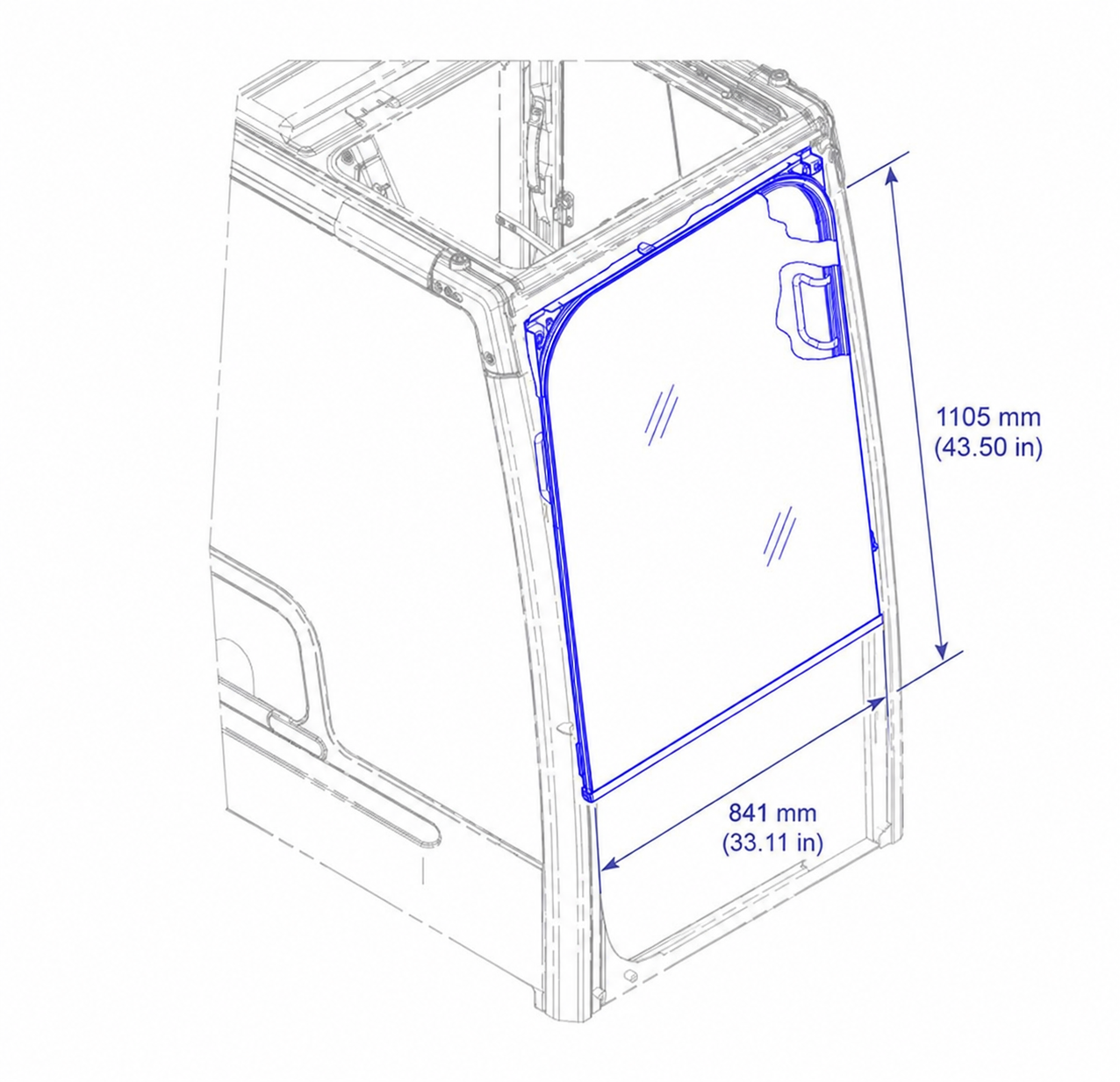 Diagram of Caterpillar 320F L excavator front upper glass showing dimensions 1105mm x 841mm, OEM replacement #520-8271