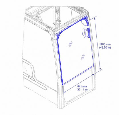 Diagram of Caterpillar 320F L excavator front upper glass showing dimensions 1105mm x 841mm, OEM replacement #520-8271