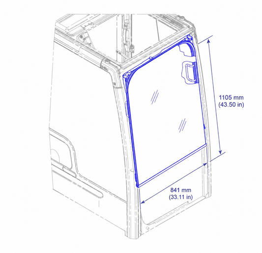 Diagram of Caterpillar 320F L excavator front upper glass showing dimensions 1105mm x 841mm, OEM replacement #520-8271