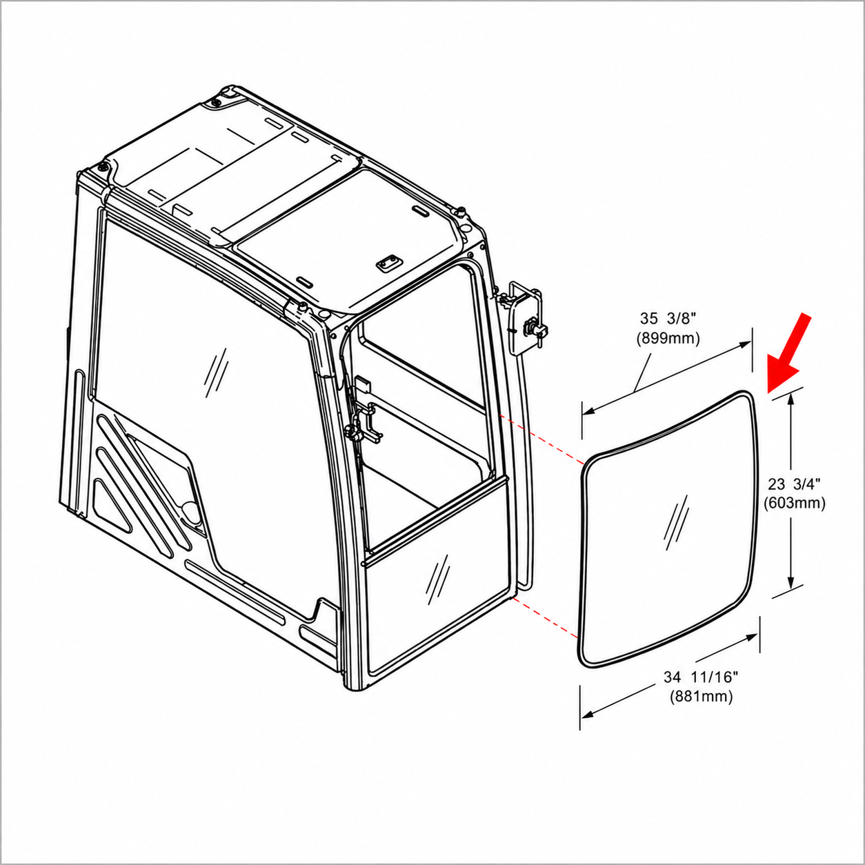 Caterpillar Excavator Front Upper Windshield Tempered Glass | Replaces OEM #536-0887