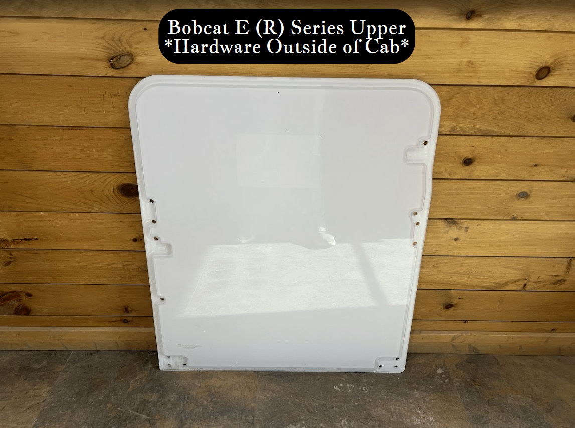 Exterior view of Bobcat E (R) Series upper windshield showing outside-facing hardware brackets and mounting clips
