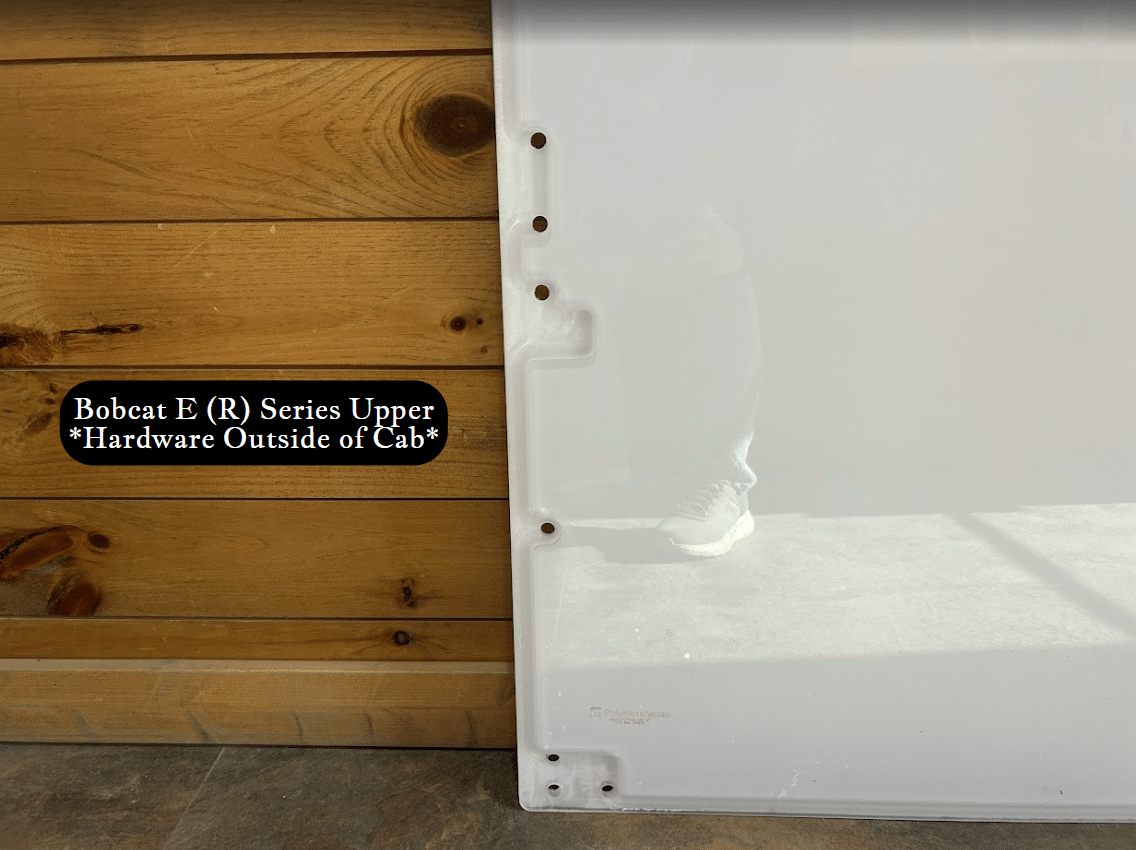 Left side edge of Bobcat E (R) Series upper windshield showing exterior mounting studs and foam seal on outside of cab face