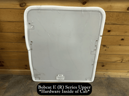 Bobcat E (R) Series upper polycarbonate windshield replacement with white foam seal, hardware mounts on inside of cab
