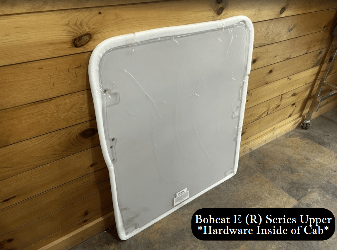 Bobcat E (R) Series upper excavator windshield right side profile view showing polycarbonate panel and foam edge seal