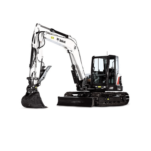 Bobcat E60, E85, and E88 excavator shown from the side on white background, compatible with polycarbonate windshield replacement