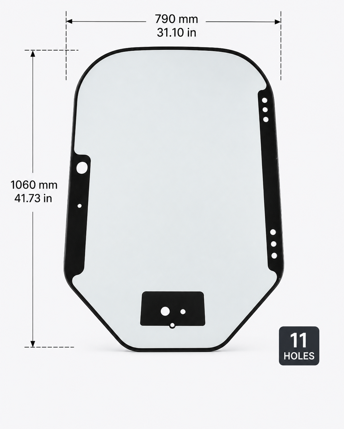 Bobcat front door glass 7120401 dimensions diagram: 790 mm x 1060 mm (31.10 x 41.73 in) with 11 pre-drilled mounting holes