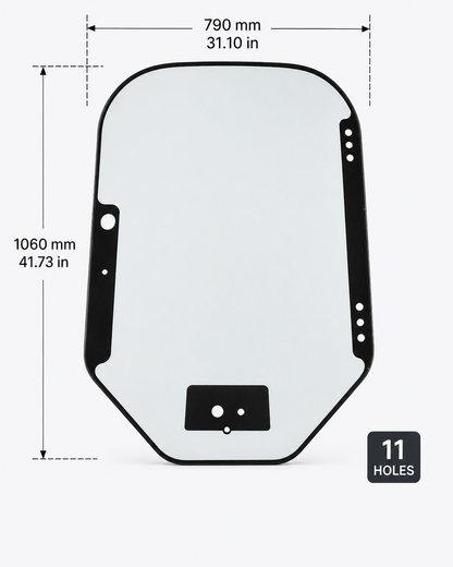 Bobcat front door glass 7120401 dimensions diagram: 790 mm x 1060 mm (31.10 x 41.73 in) with 11 pre-drilled mounting holes