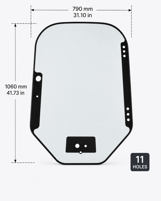 Bobcat front door glass 7120401 dimensions diagram: 790 mm x 1060 mm (31.10 x 41.73 in) with 11 pre-drilled mounting holes