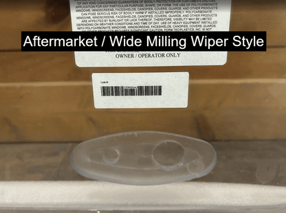 Bobcat G Series aftermarket wide milling wiper style mount shown beside packaging, with text overlay identifying the wiper style