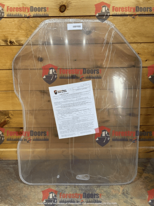 Bobcat G Series polycarbonate windshield replacement in protective wrap with Forestry Doors branding and part information sheet