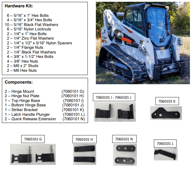 Bobcat M Series windshield replacement hardware kit diagram showing components, part numbers, and machine with forestry door installed