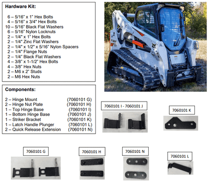 Bobcat M Series windshield replacement hardware kit diagram showing components, part numbers, and machine with forestry door installed
