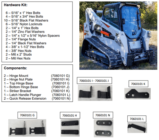 Bobcat M Series windshield replacement hardware kit diagram showing components, part numbers, and machine with forestry door installed