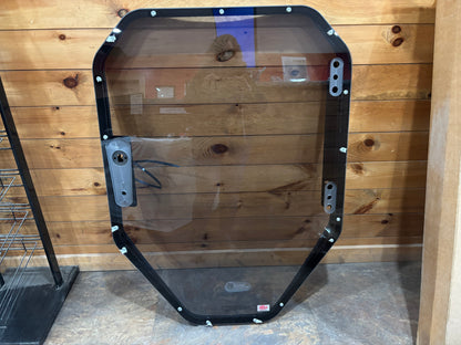 Bobcat R Series door frame and tinted polycarbonate windshield replacement, full assembly front view with hinge and latch hardware