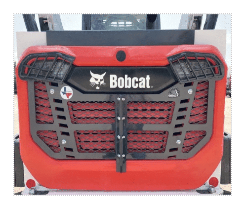 Bobcat R Series rear door screen guard installed on red skid steer, ArmorDillo steel mesh protection