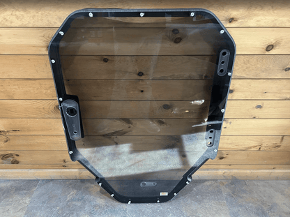 Bobcat S86 T86 R Series tinted windshield replacement showing latch side and full frame with dark tinted glass