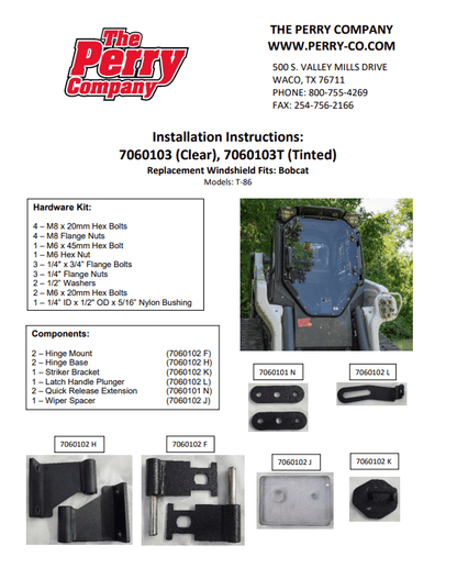 Perry Company installation instructions for Bobcat T86 windshield replacement SKU 7060103 and 7060103T, showing hardware kit and components list