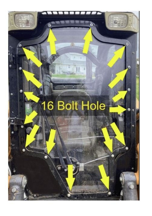 Case/New Holland forestry door with yellow arrows indicating all 16 bolt hole locations for replacement windshield