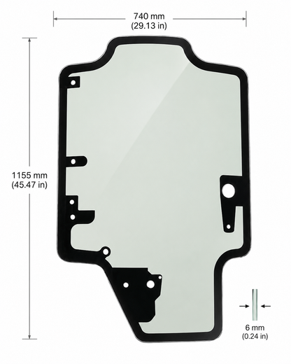 Case front door glass 47405930 dimensions: 1155 mm tall, 740 mm wide, 6 mm thick tempered glass