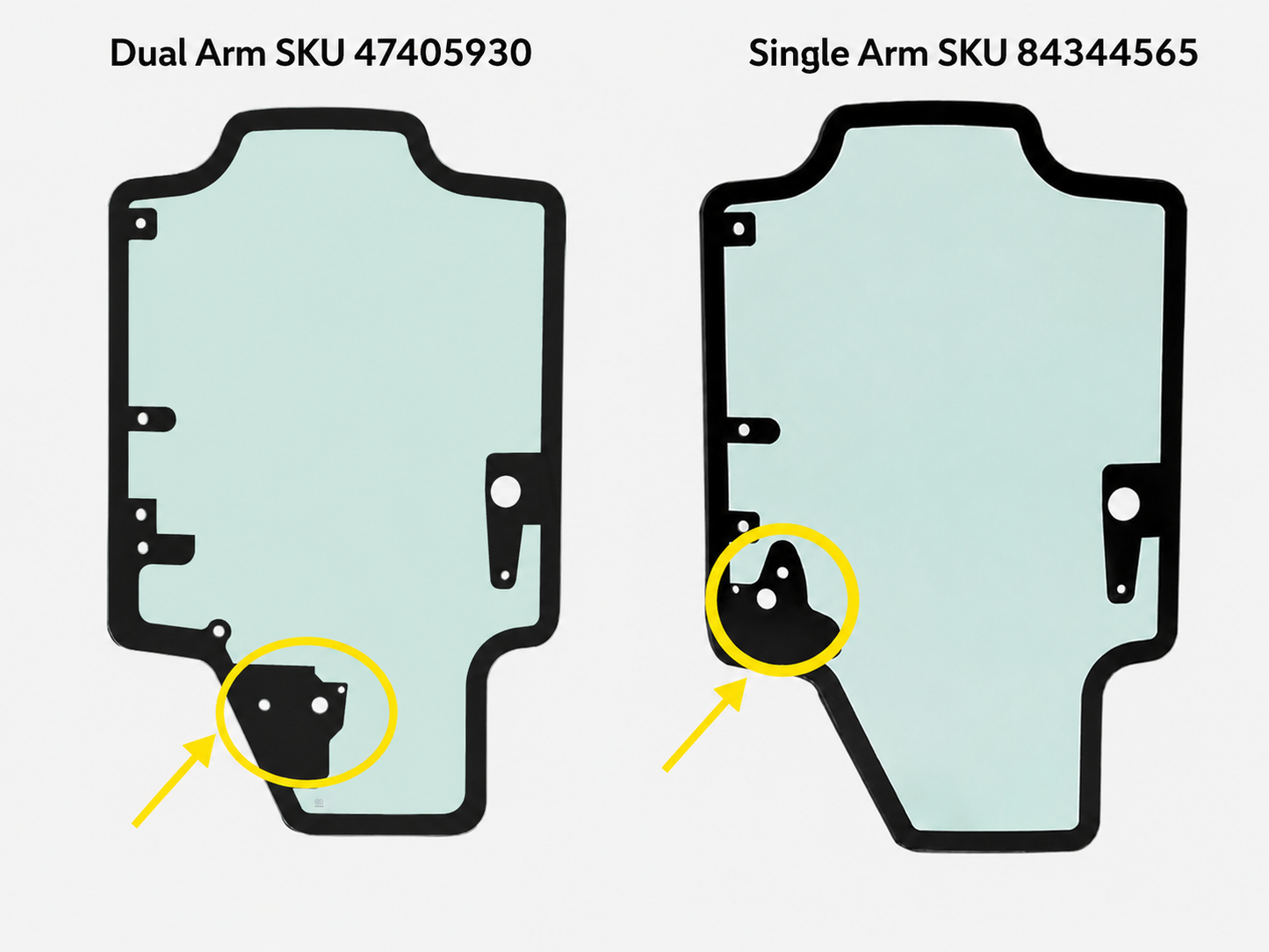 Case skid steer door glass comparison: dual arm wiper 47405930 next to single arm 84344565