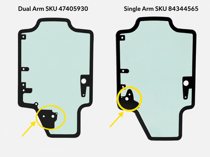 Case skid steer door glass comparison: dual arm wiper 47405930 next to single arm 84344565