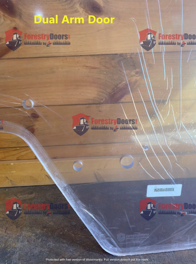 Case SR TR SV TV Series dual arm door polycarbonate windshield upper edge showing mounting holes, protective film on wooden background