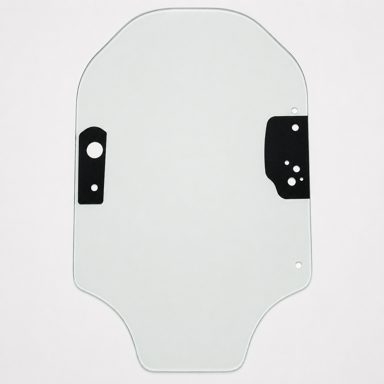 Caterpillar 345-6230 front door glass for D Series skid steers, green-tint panel with black frit pads and pre-drilled mounting holes