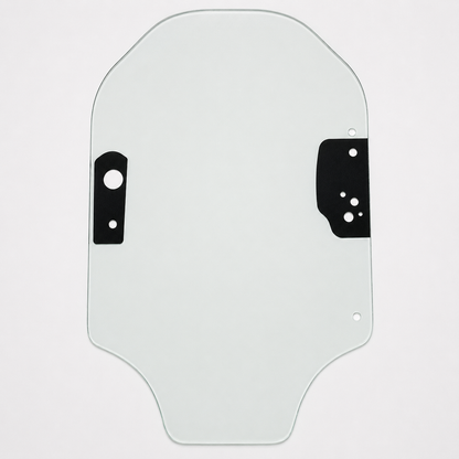 Caterpillar 345-6230 front door glass for D Series skid steers, green-tint panel with black frit pads and pre-drilled mounting holes