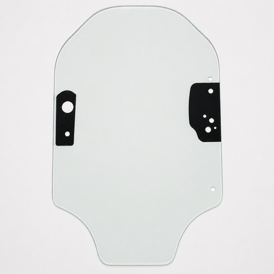 Caterpillar 345-6230 front door glass for D Series skid steers, green-tint panel with black frit pads and pre-drilled mounting holes