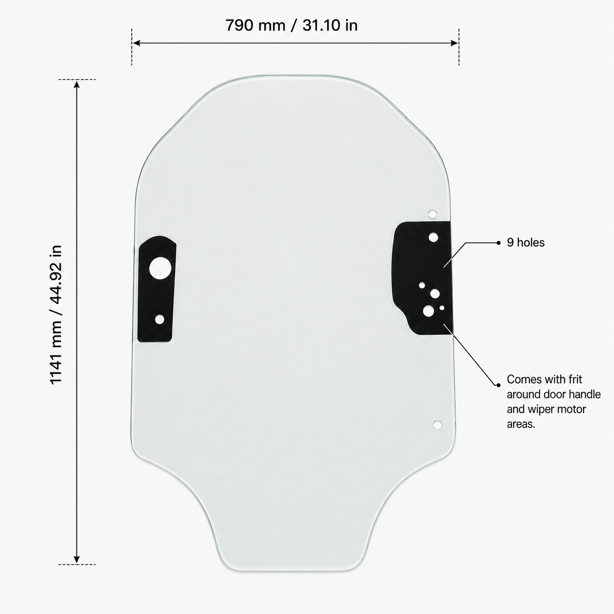 Caterpillar 345-6230 front door glass dimension drawing: 790 mm (31.10 in) wide by 1141 mm (44.92 in) tall, 9 mounting holes, frit at door handle and wiper motor areas