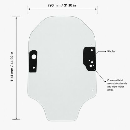 Caterpillar 345-6230 front door glass dimension drawing: 790 mm (31.10 in) wide by 1141 mm (44.92 in) tall, 9 mounting holes, frit at door handle and wiper motor areas
