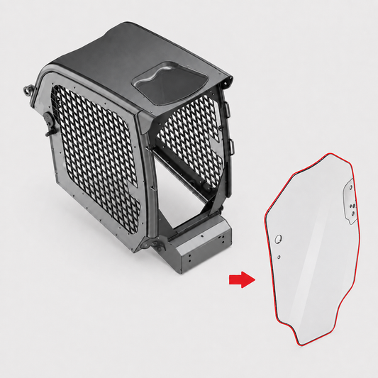 Caterpillar D Series skid steer door frame with the 345-6230 front glass outlined in red, showing where the replacement windshield installs