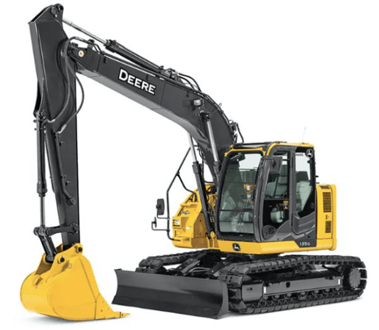 John Deere G series excavator shown on white background, compatible model for polycarbonate windshield replacement