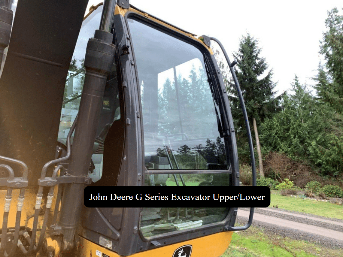 John Deere G series excavator cab showing upper and lower windshield area from the side with polycarbonate replacement installed