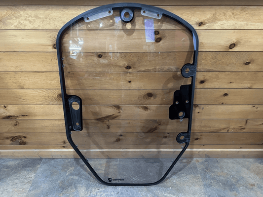 John Deere G Series forestry windshield replacement #T478319 with black metal frame, clear polycarbonate panel