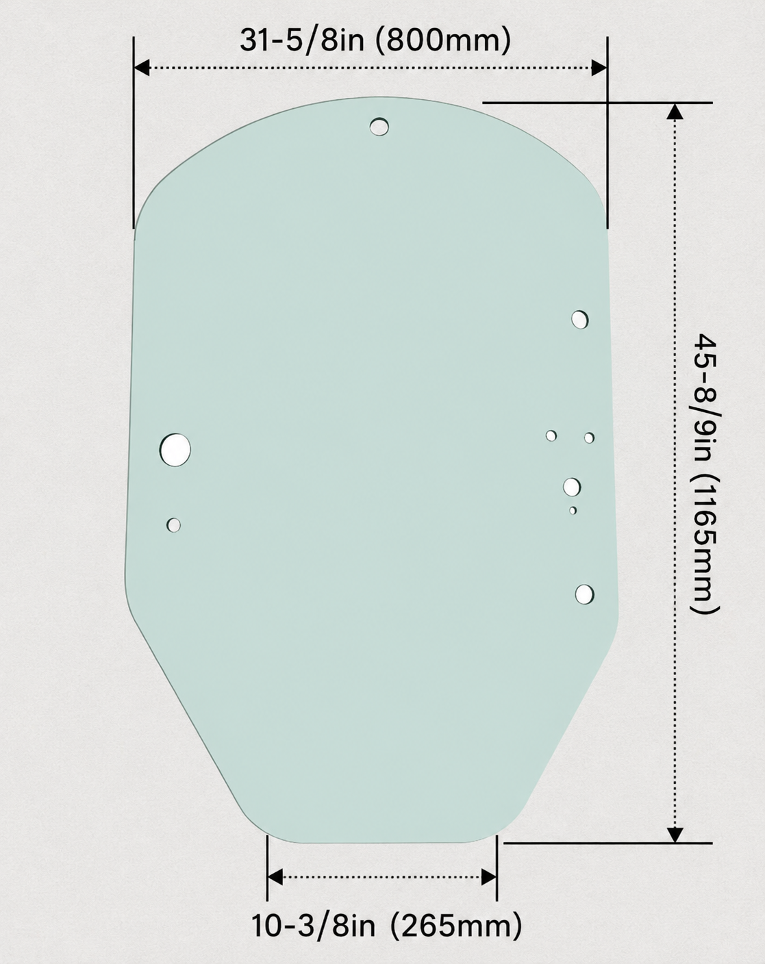 Dimensional diagram of John Deere G-Series skid steer front door glass showing width and height measurements
