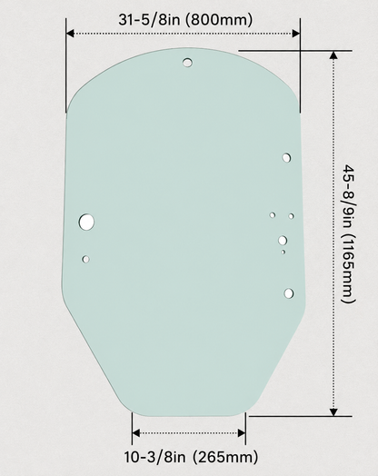 Dimensional diagram of John Deere G-Series skid steer front door glass showing width and height measurements