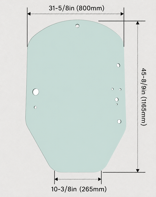 Dimensional diagram of John Deere G-Series skid steer front door glass showing width and height measurements