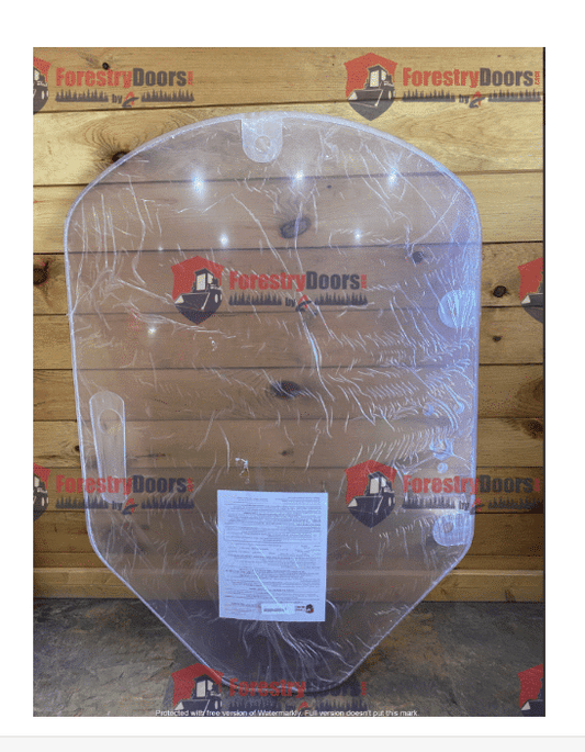 John Deere G Series small frame polycarbonate windshield in protective wrap against wooden background