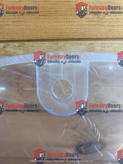 Close-up of mounting tab and round mounting hole on John Deere G Series small frame polycarbonate windshield