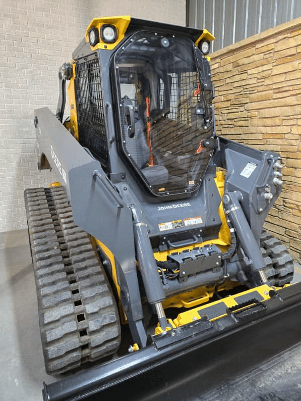 John Deere P Series compact track loader with polycarbonate windshield frame replacement installed, side view