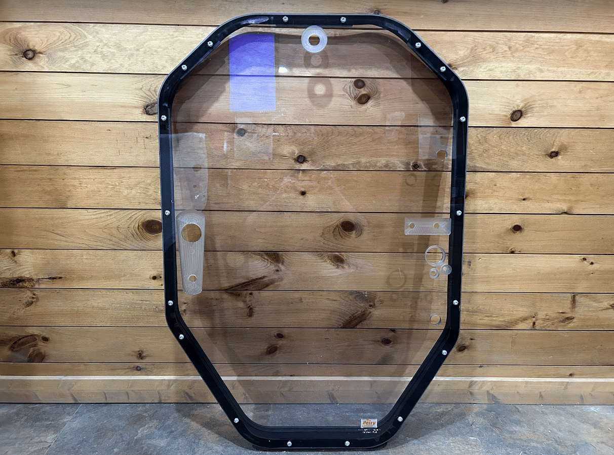 John Deere P Series polycarbonate windshield with full black metal frame assembly, front view