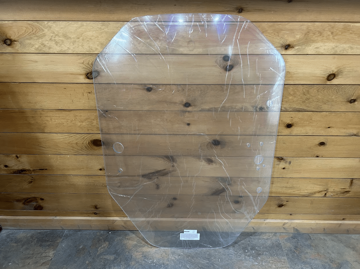 John Deere P Series polycarbonate windshield full front view with protective film, shield shape visible