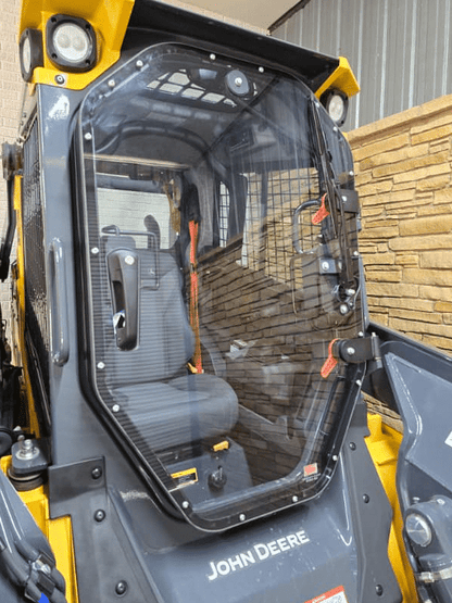 John Deere P Series skid steer cab with polycarbonate windshield frame replacement installed