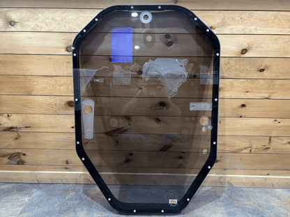 John Deere P Series tinted polycarbonate windshield with black metal frame assembly, front view