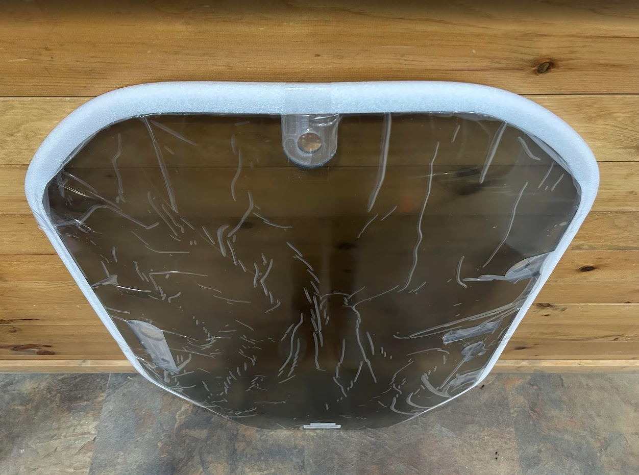 John Deere P Series tinted polycarbonate windshield overhead view with white frame and top hinge hardware