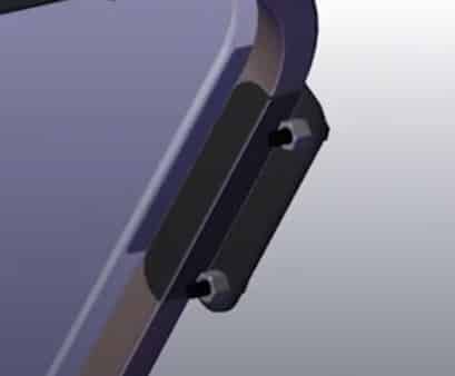 Close-up 3D render of the corner metal retainer and bolts for the Kubota SSV windshield fastening system