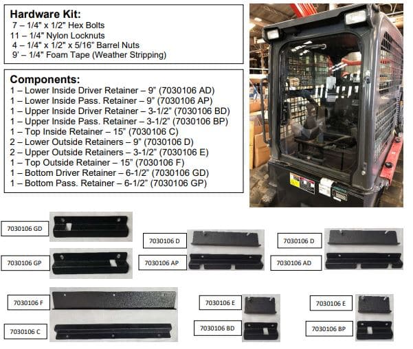 Kubota SSV windshield hardware kit diagram showing retainer components list, part numbers, and included hardware